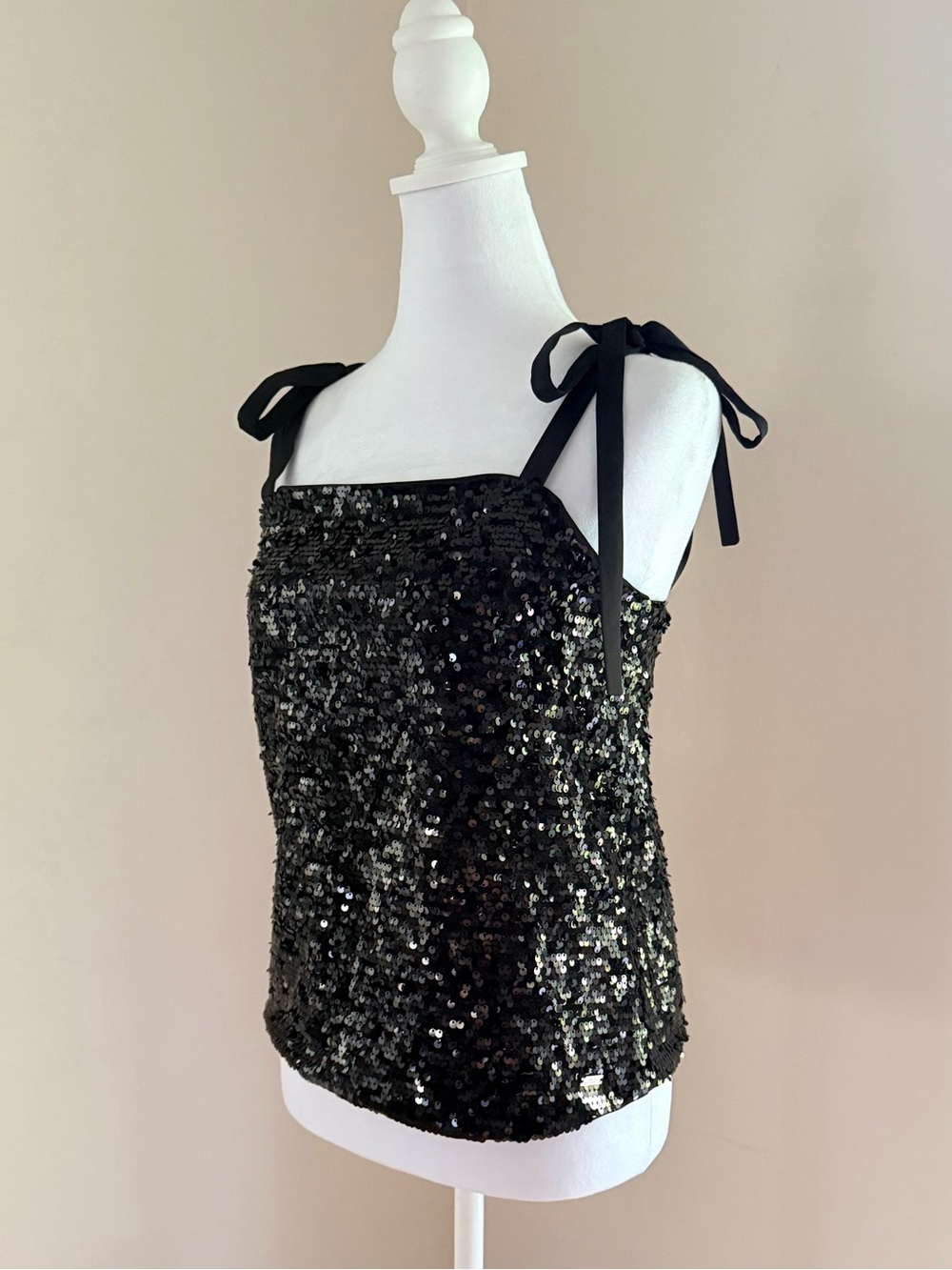 NWT Armani Exchange Black Sequin Tank with Satin Bow Tie Straps Size S